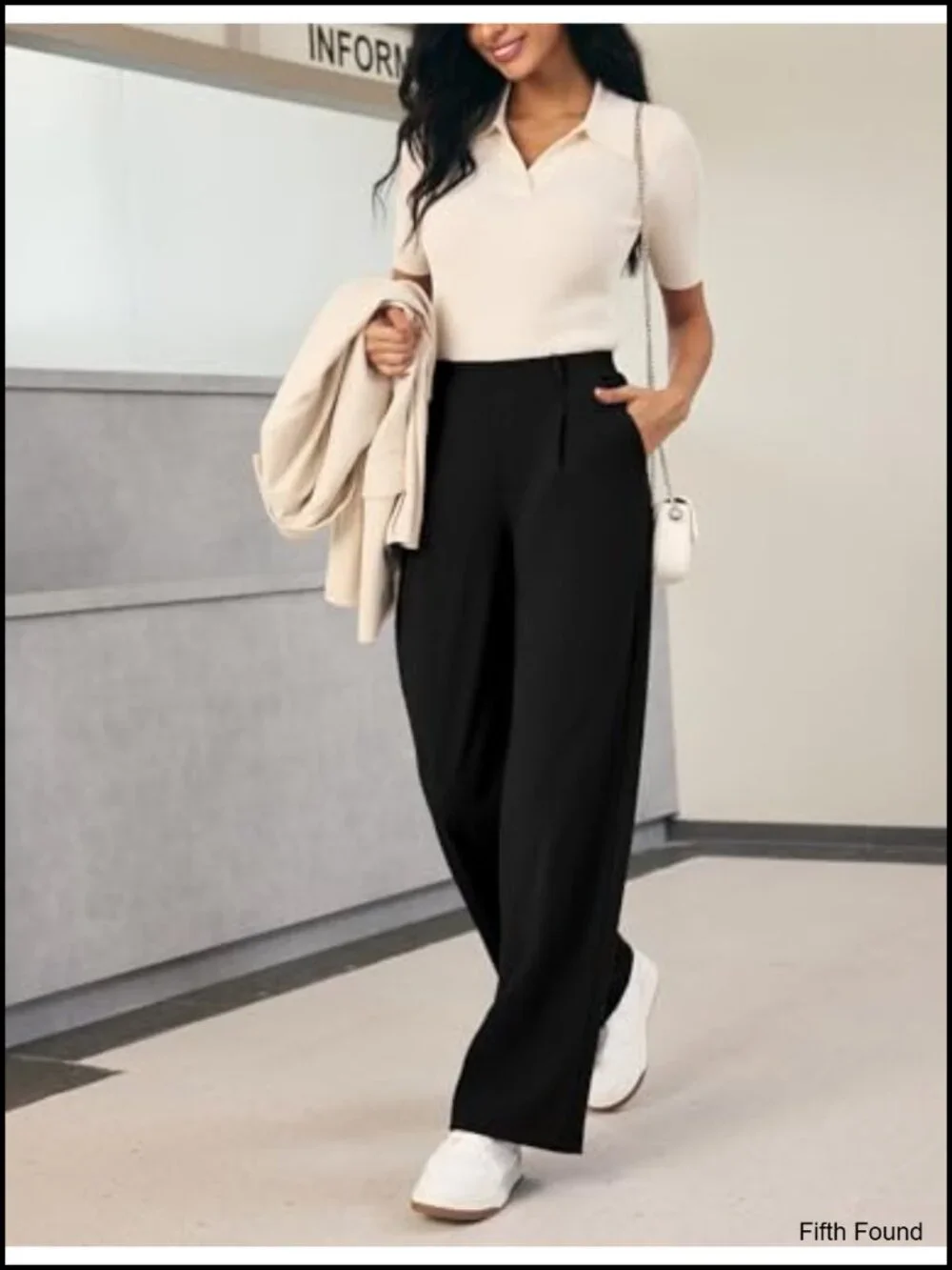 Wide Leg Pull On Stretchy Work Pants with Pockets High Waisted
